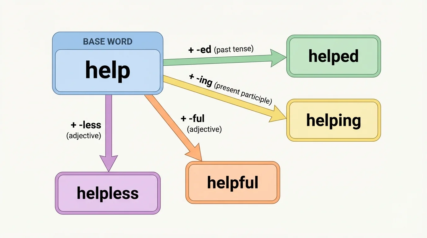 chart showing the base word help changing to helped, helping, helpful, and helpless in connected word boxes
