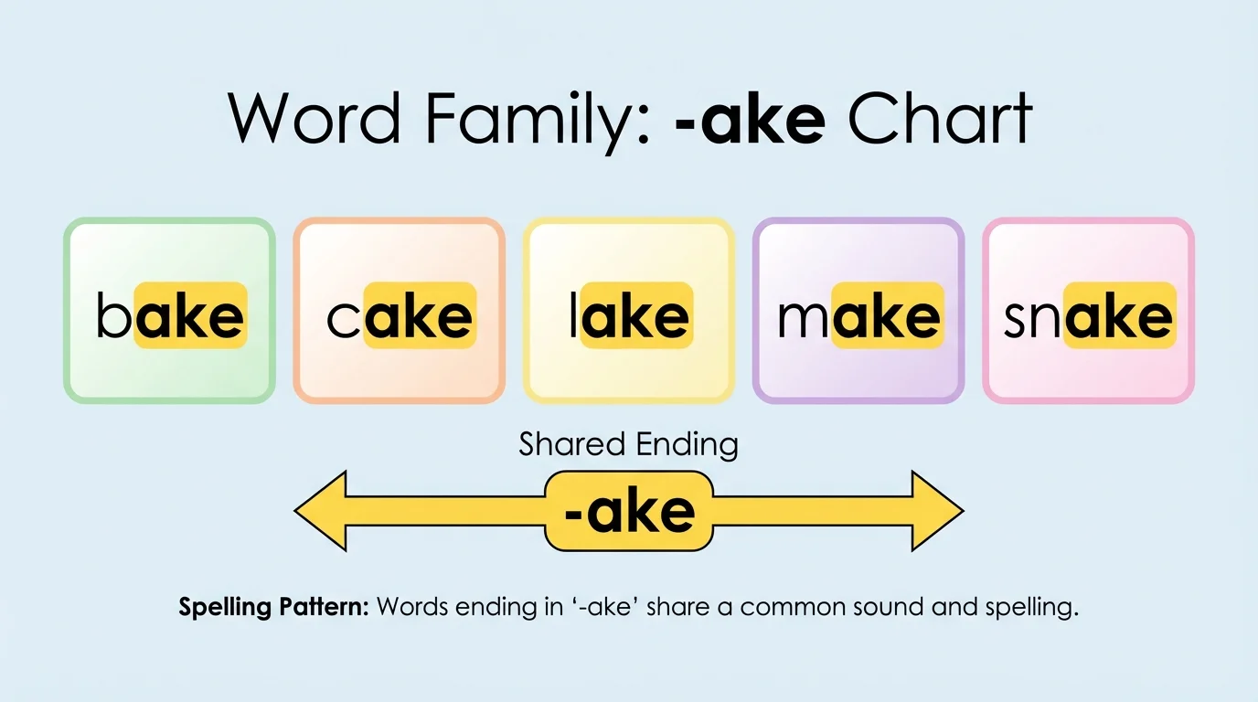 chart of the -ake word family with words bake, cake, lake, make, snake and shared ending highlighted