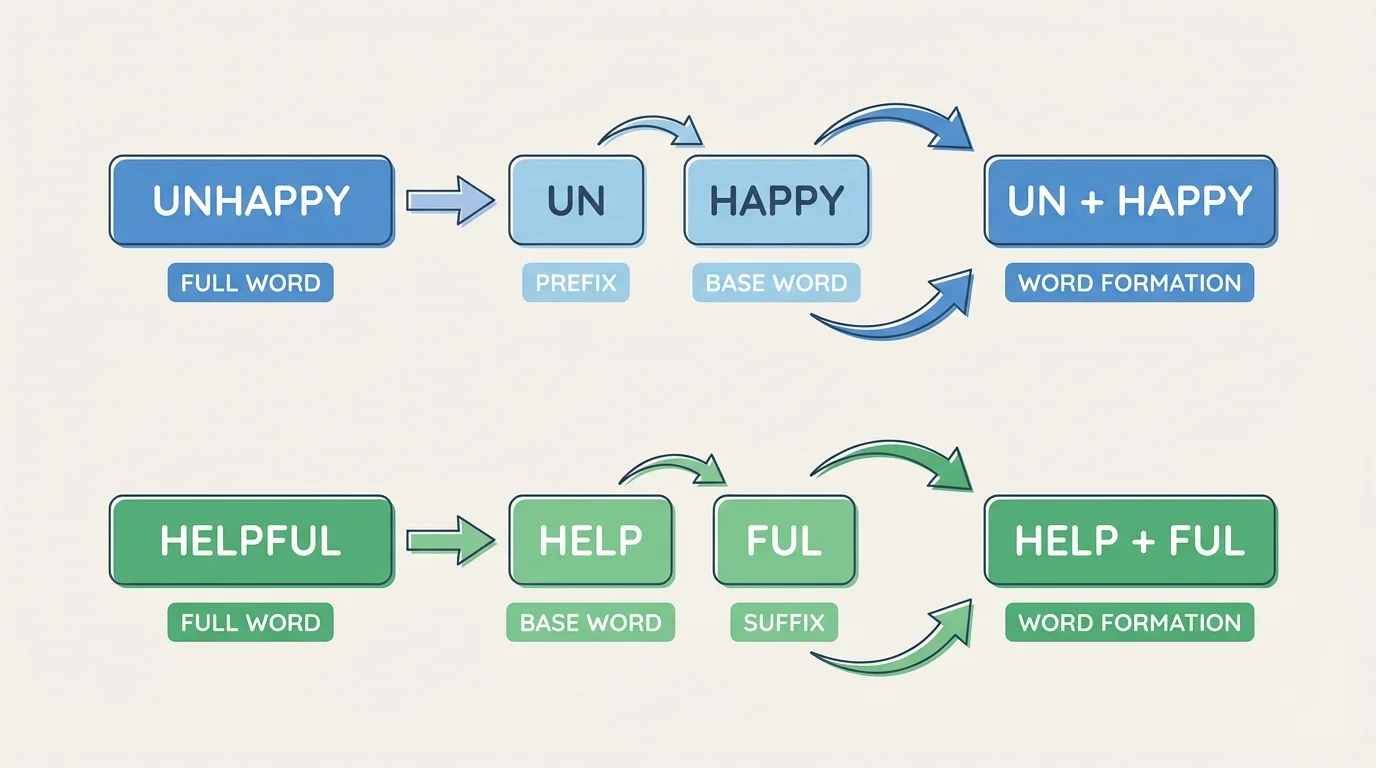 flowchart showing unhappy = un + happy and helpful = help + ful with parts labeled