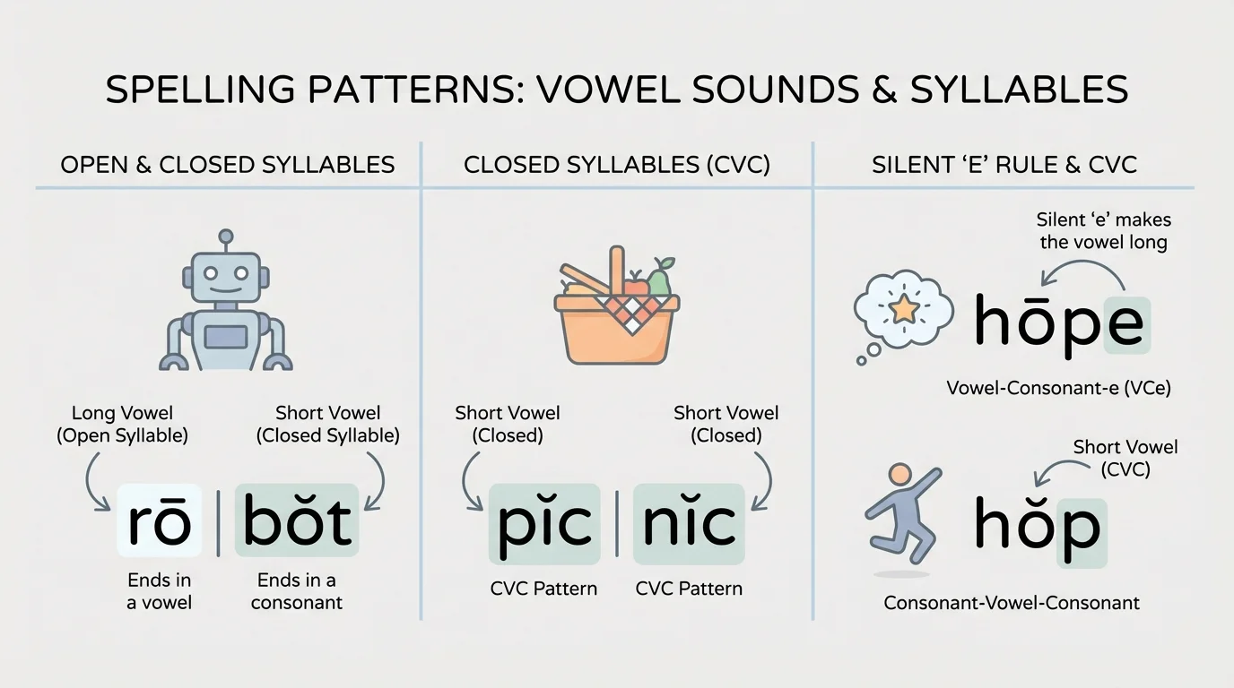 diagram comparing robot split into ro/bot, picnic split into pic/nic, and hope/hop to show long and short vowels