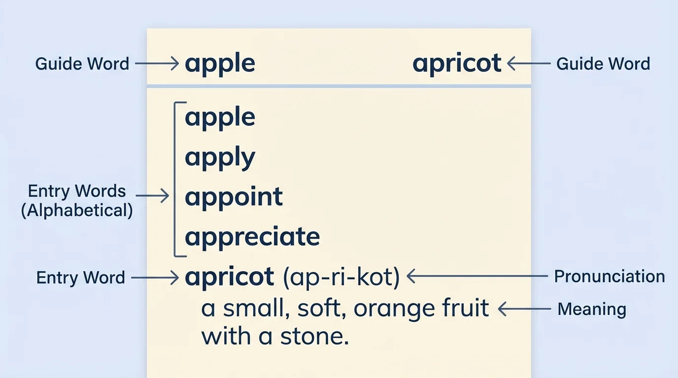 Beginning dictionary page with guide words at the top, several entry words in alphabetical order, and one word entry labeled meaning and pronunciation