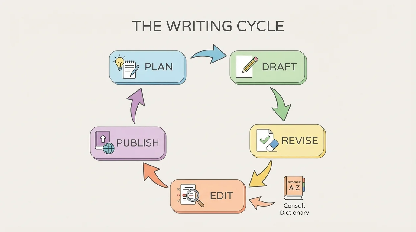 Simple writing cycle with arrows linking plan, draft, revise, edit, and publish, with edit connected to dictionary use