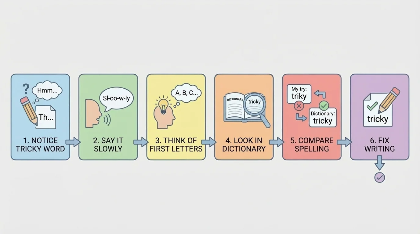 Flowchart showing writer notices a tricky word, says it slowly, thinks of first letters, looks in dictionary, compares spelling, and fixes writing