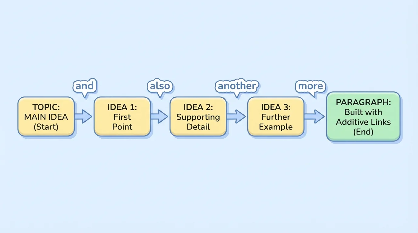flowchart with idea boxes connected by labels and, also, another, and more to show how additive linking words build a paragraph