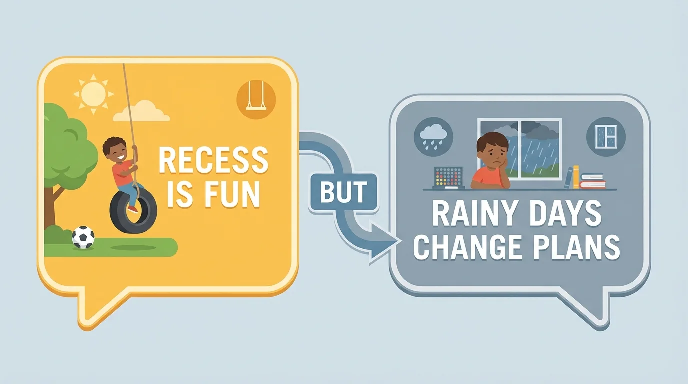 two speech bubbles about recess, one saying recess is fun and the other saying rainy days change plans, connected by the word but to show contrast