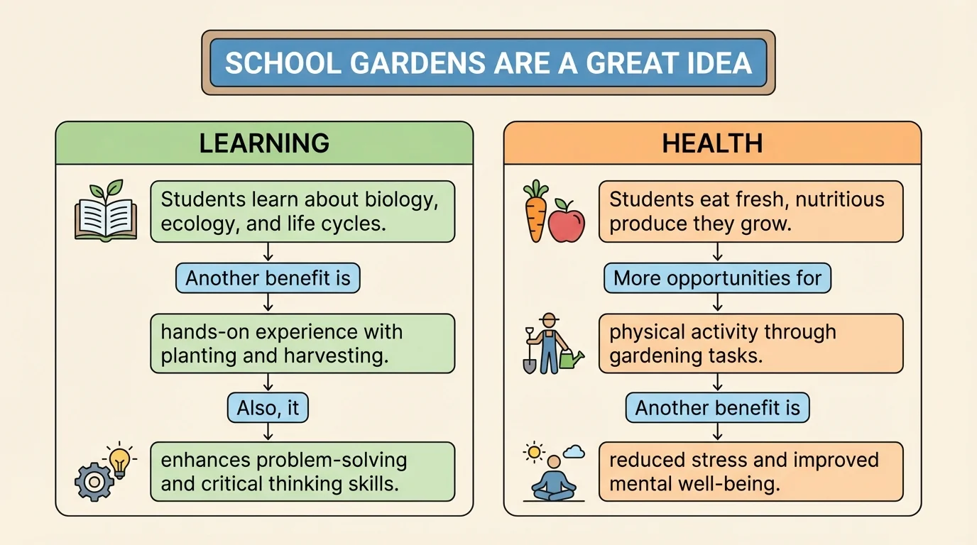 chart showing an opinion at the top labeled school gardens are a great idea, with two categories underneath labeled learning and health, each containing short connected details