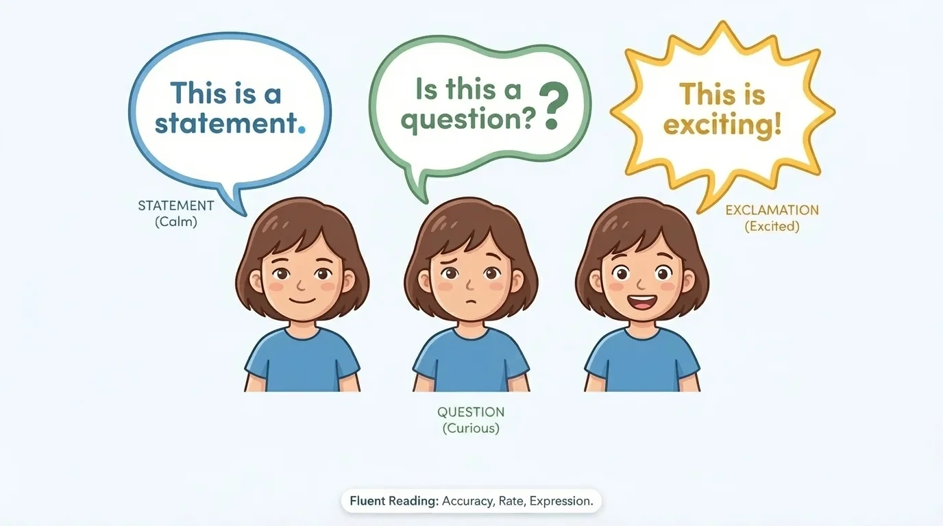 child reading three speech bubbles ending with a period, question mark, and exclamation mark, each with a different facial expression