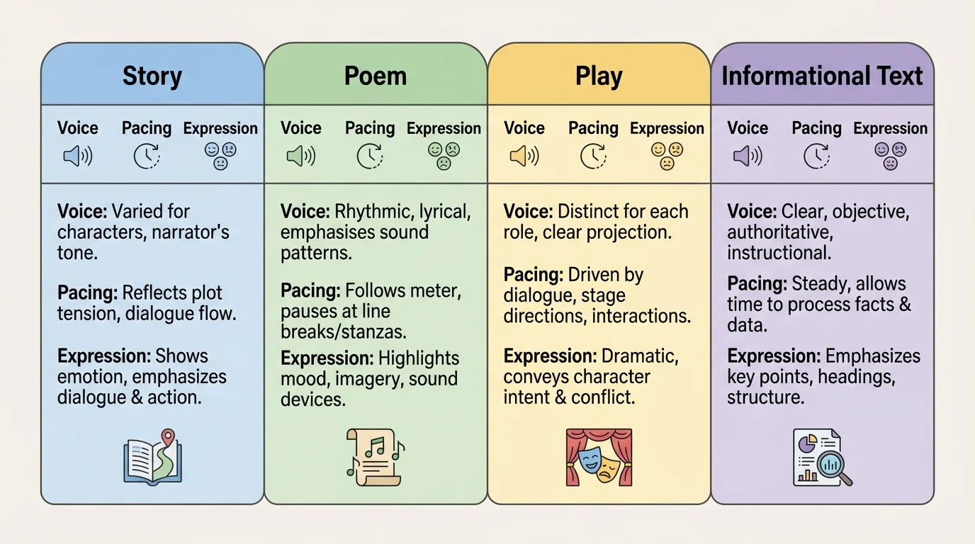 comparison chart with four columns labeled story, poem, play, informational text and short notes about voice, pacing, and expression for each