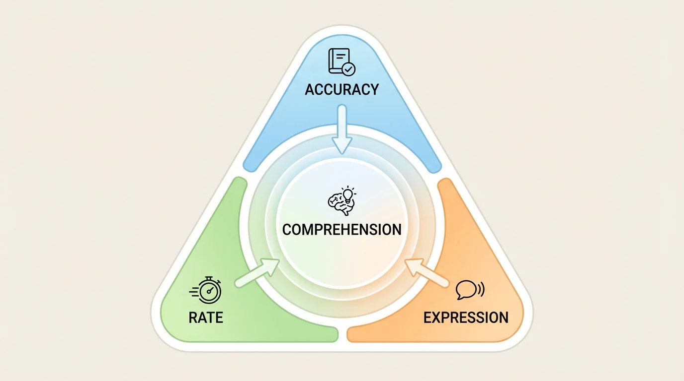 chart showing a fluency triangle with labels accuracy, rate, expression, and comprehension in the center