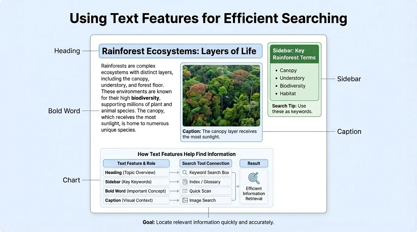 Labeled nonfiction page with heading, sidebar, caption, photo, bold word, and small chart showing how text features help a reader find information