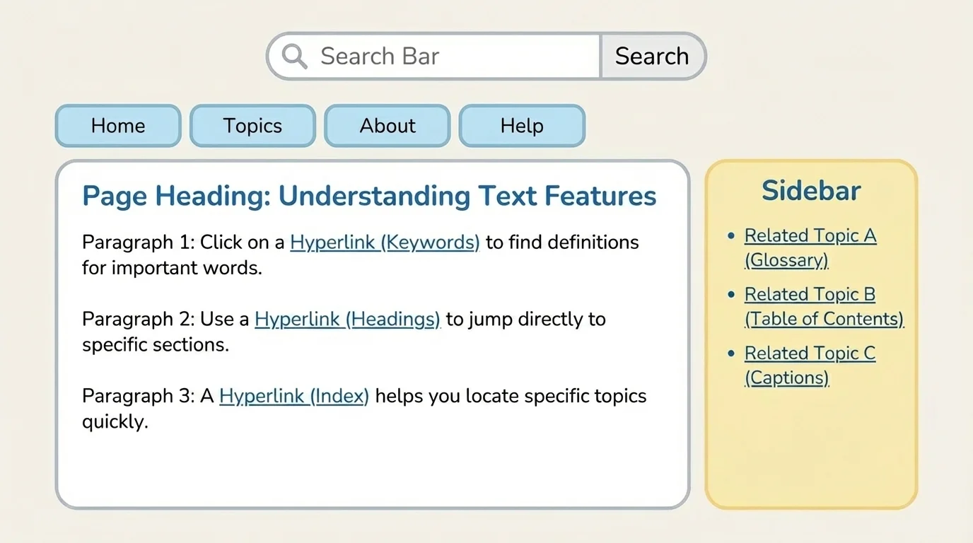 Kid-friendly webpage layout with labeled search bar at top, menu tabs, page heading, and several blue hyperlinks leading to related topics