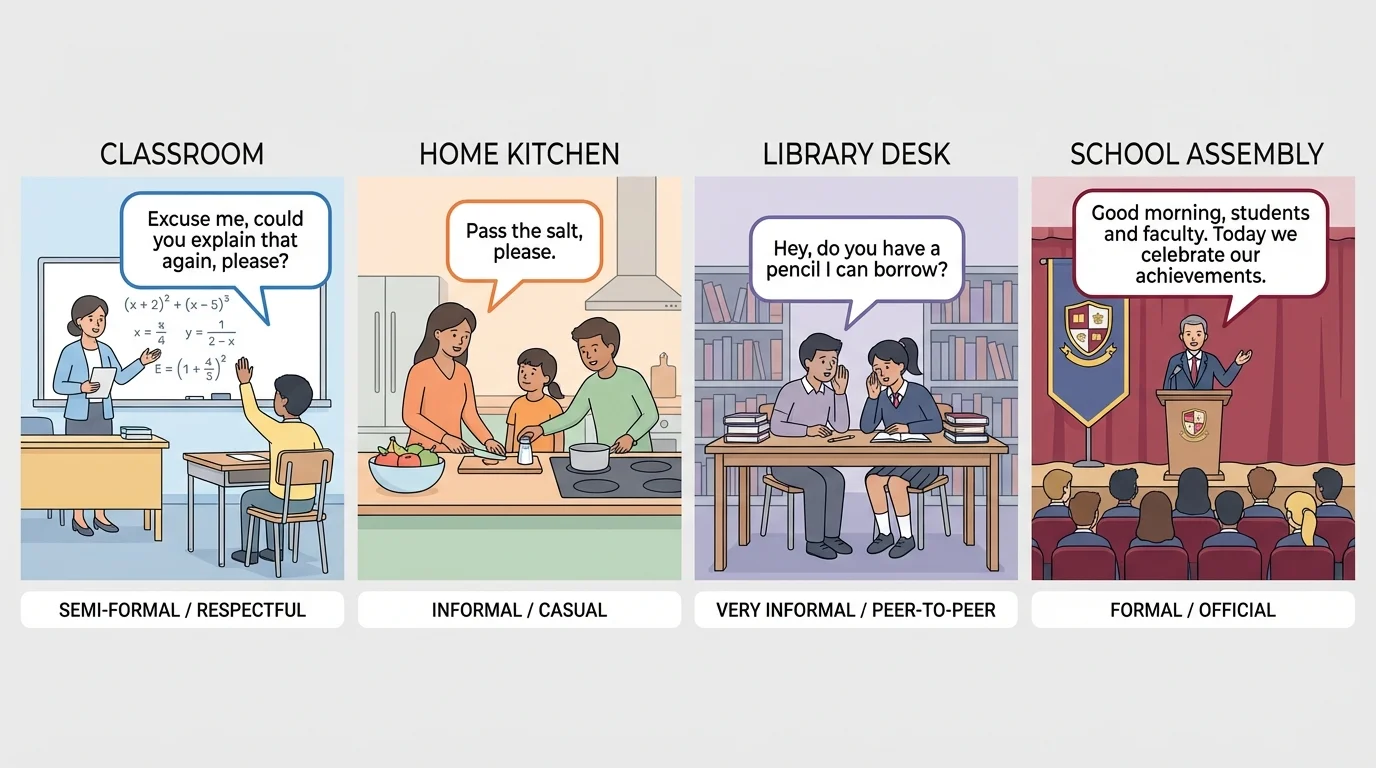 Four small scenes—classroom, home kitchen, library desk, and school assembly—with brief labels showing more formal or informal speaking choices