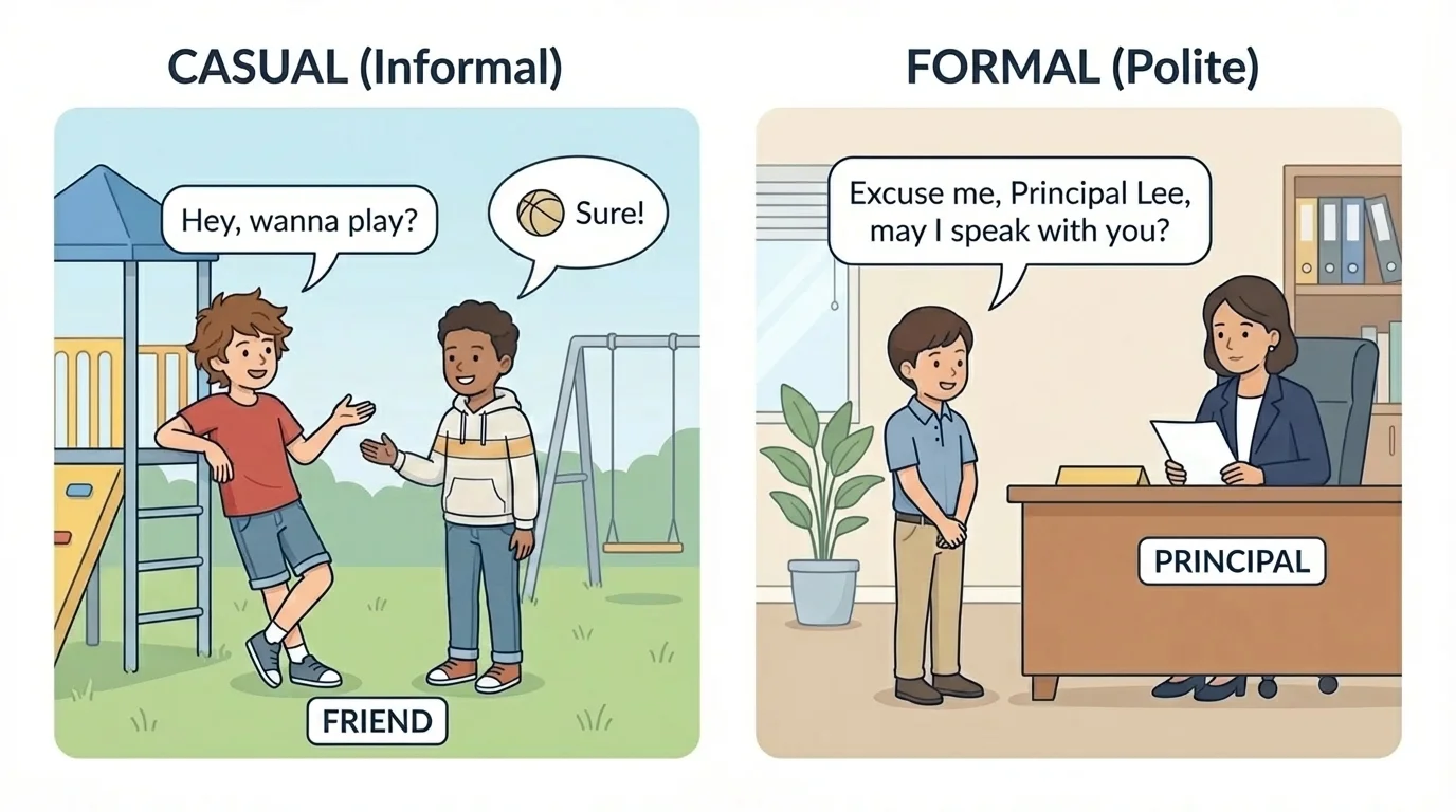 Two side-by-side scenes, one child speaking casually with a friend on a playground and one child speaking politely to a principal in an office, with short speech bubbles