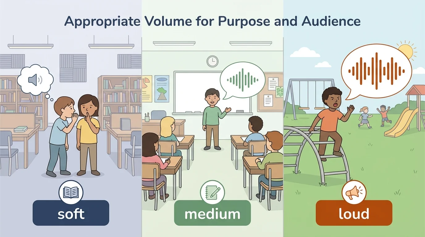child speaking softly in a library, medium in a classroom, louder on a playground, with simple labels soft, medium, loud