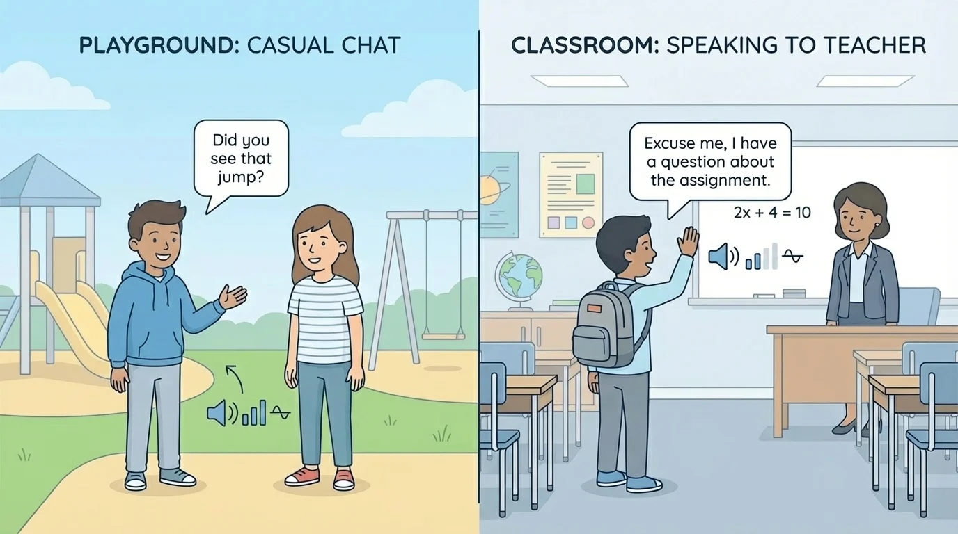 side-by-side scene of two students chatting on the playground and one student speaking respectfully to a teacher at the front of class