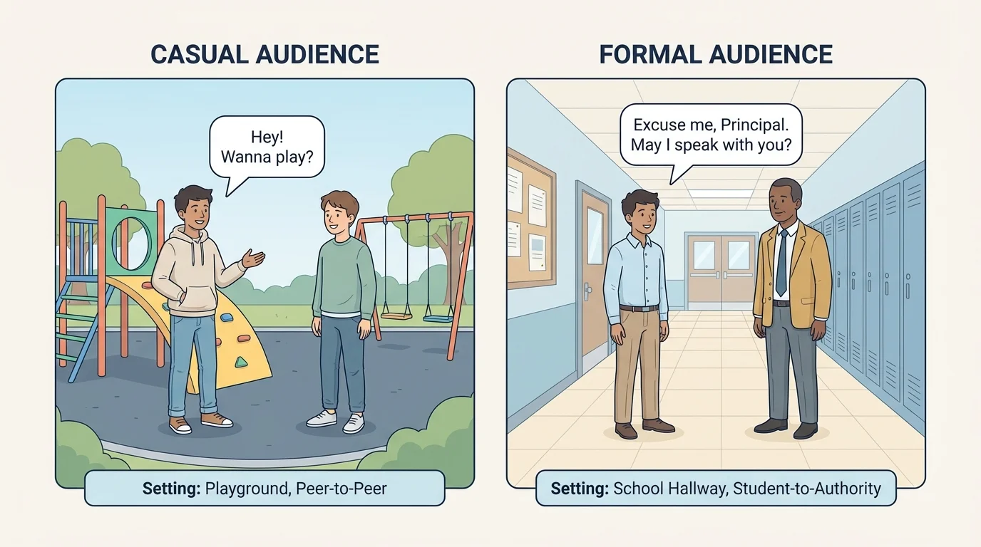 one student speaking casually with a friend on a playground and the same student speaking politely with a school principal in a hallway
