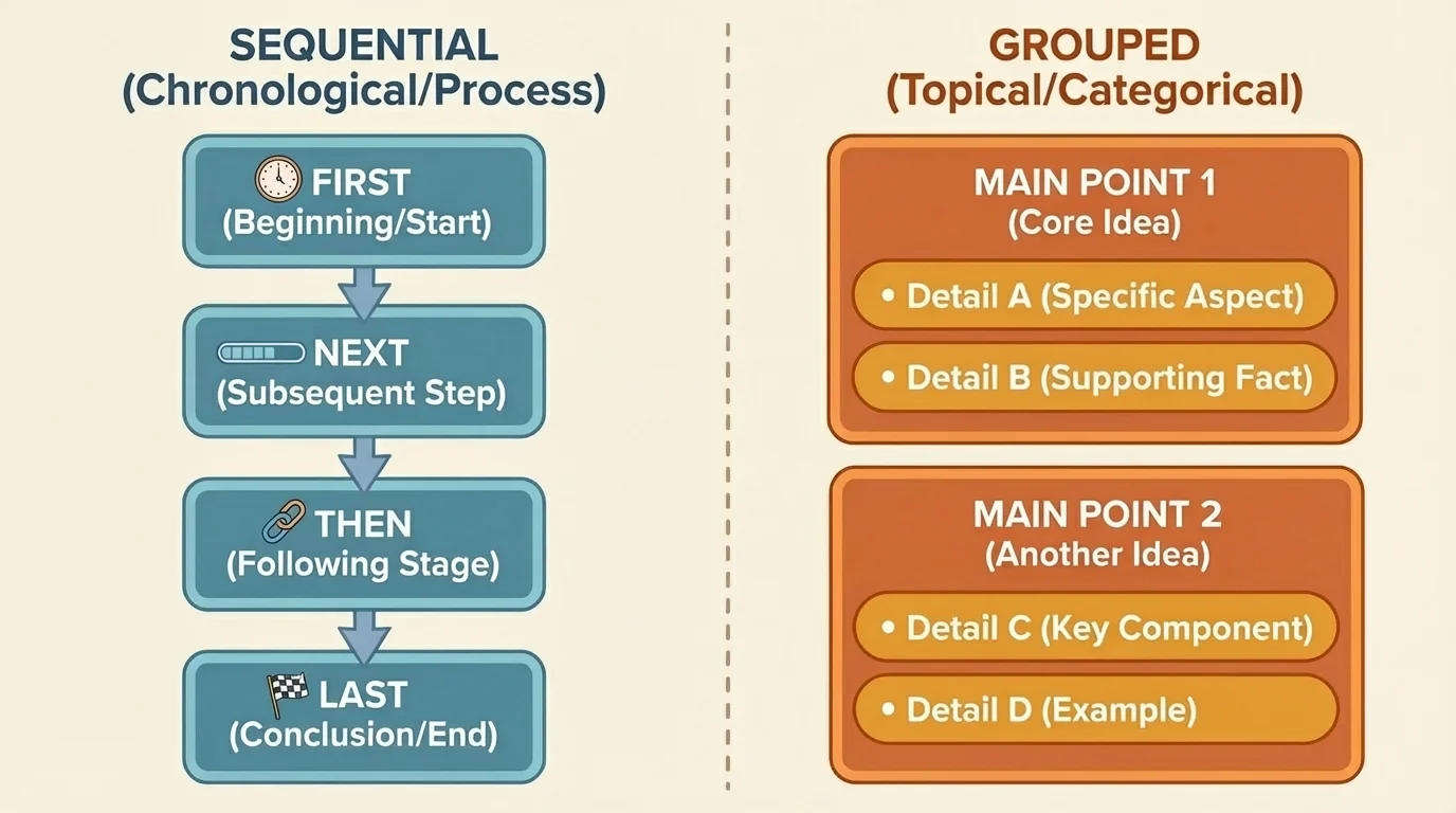comparison chart with one side showing ordered steps first-next-then-last and the other side showing grouped main points with details under each point