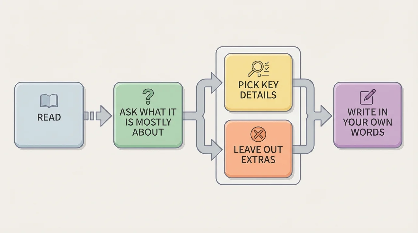 Flowchart with boxes labeled read, ask what it is mostly about, pick key details, leave out extras, and write in your own words