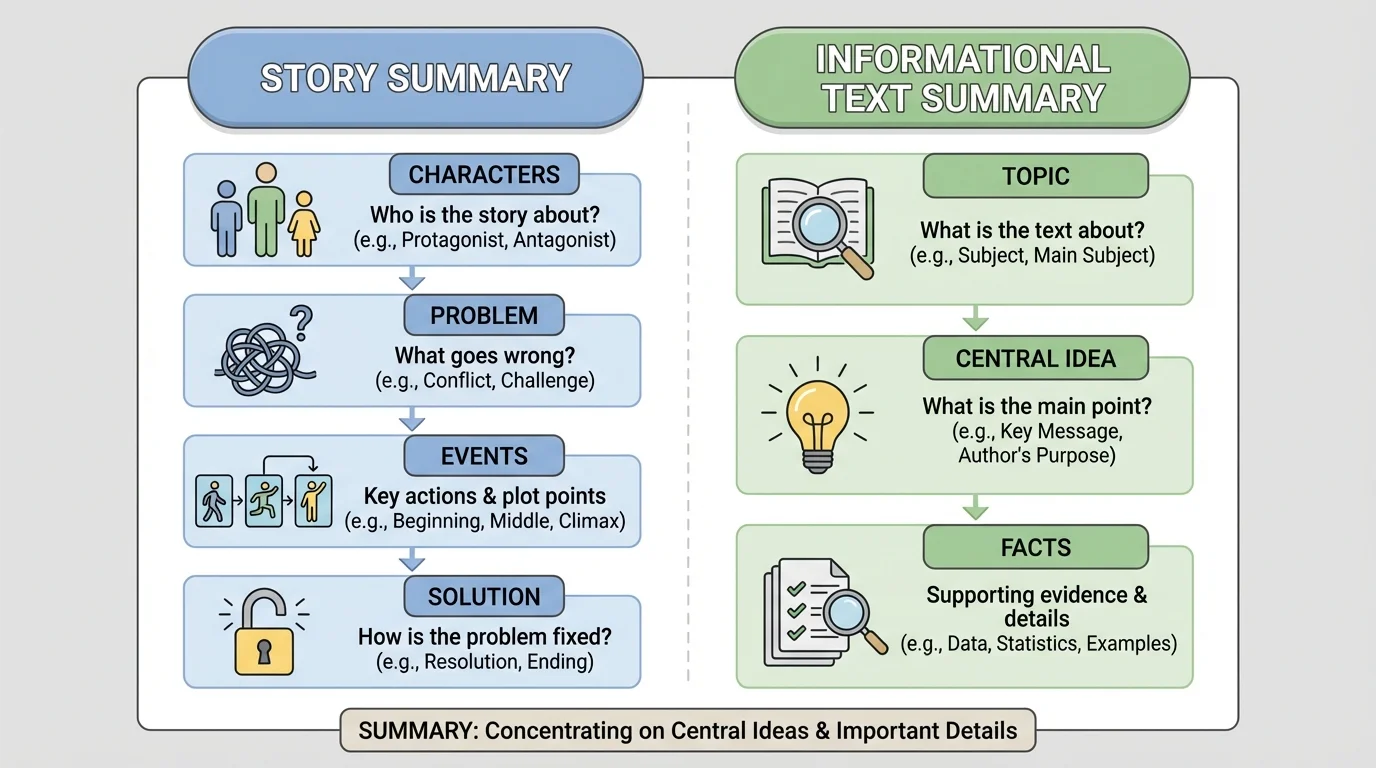Two-column chart comparing a story summary with characters, problem, events, solution and an informational text summary with topic, central idea, and facts