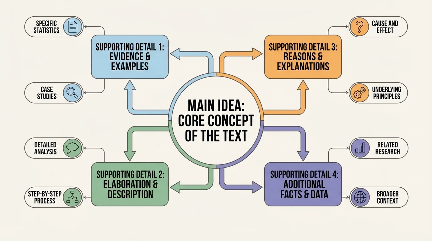 Chart showing a main idea in the center with several supporting details branching out from it