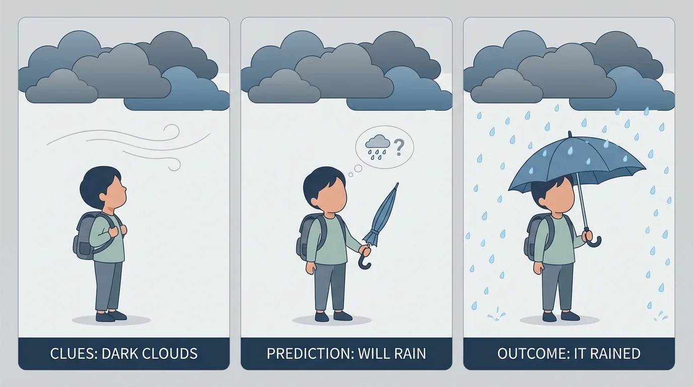 Three-panel story scene showing dark clouds, child carrying umbrella, and expected rain to illustrate prediction from clues
