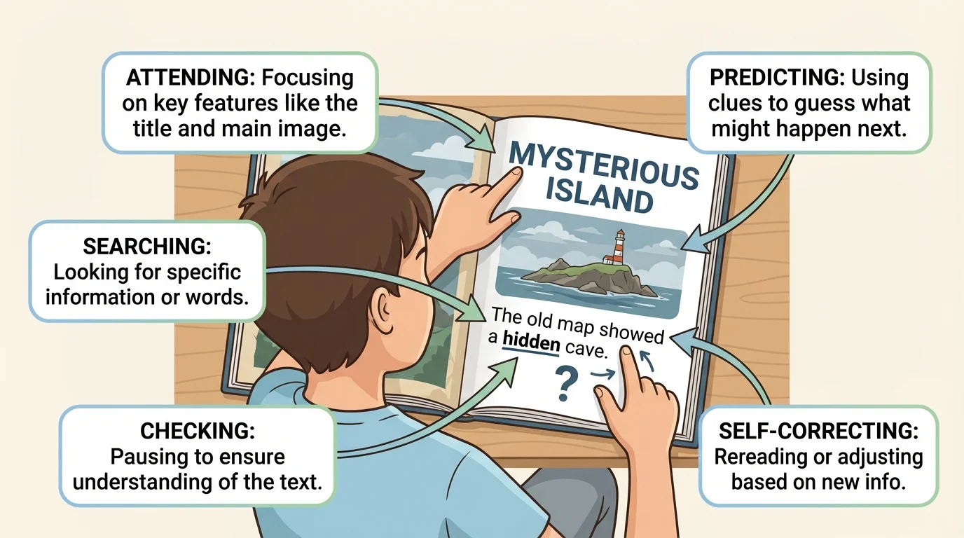 Child reading a page and pointing to title, illustration, bold word, and question mark as text clues