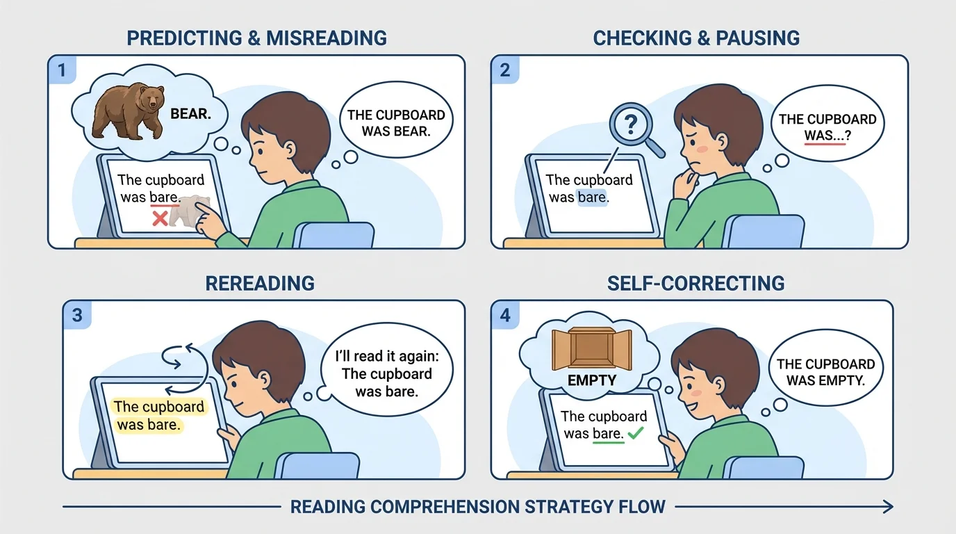 Step-by-step reading scene showing a student reading the wrong word, pausing, rereading, and choosing the correct word