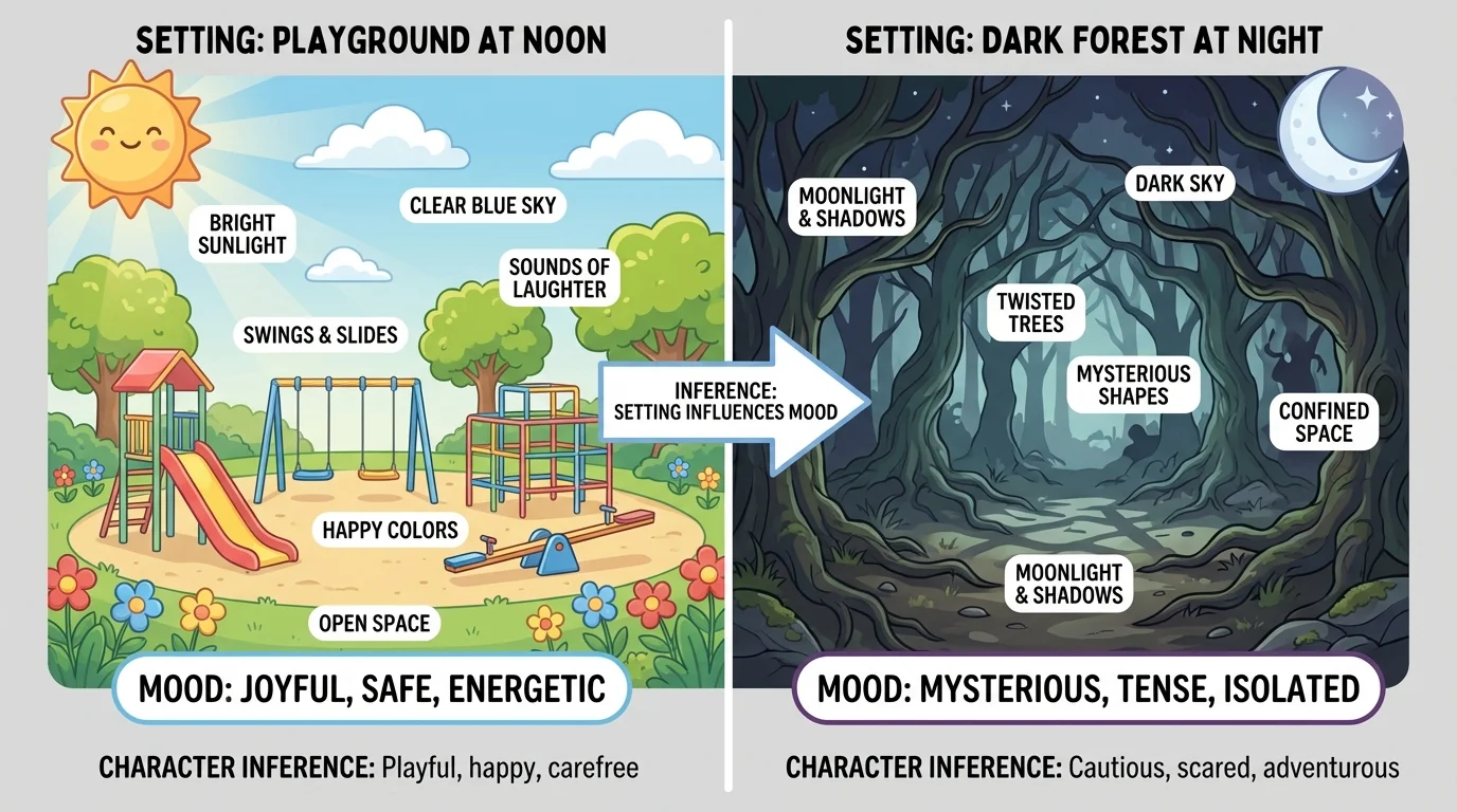 Split scene showing a playground at noon and a dark forest at night to compare how setting changes mood