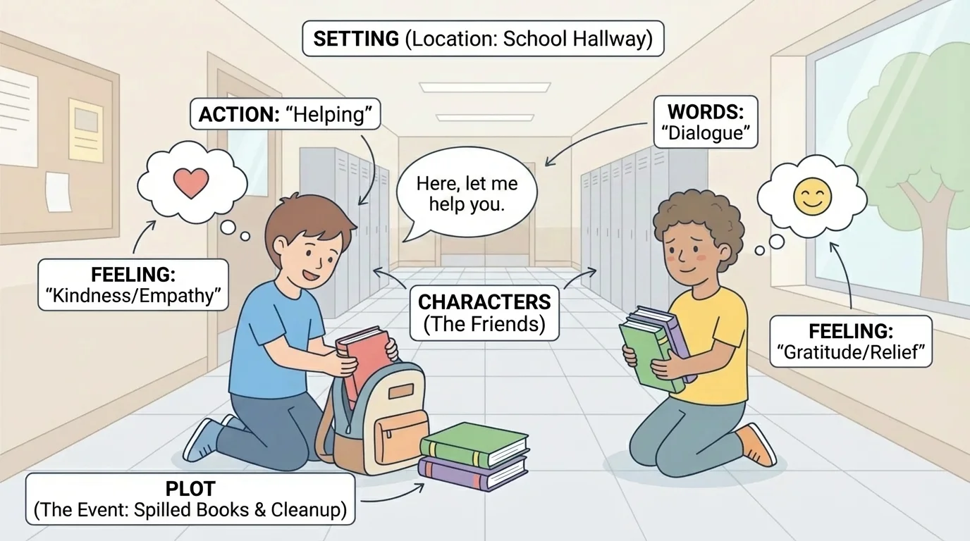 Child character helping a friend pick up spilled books, with small labels for words, actions, and feelings