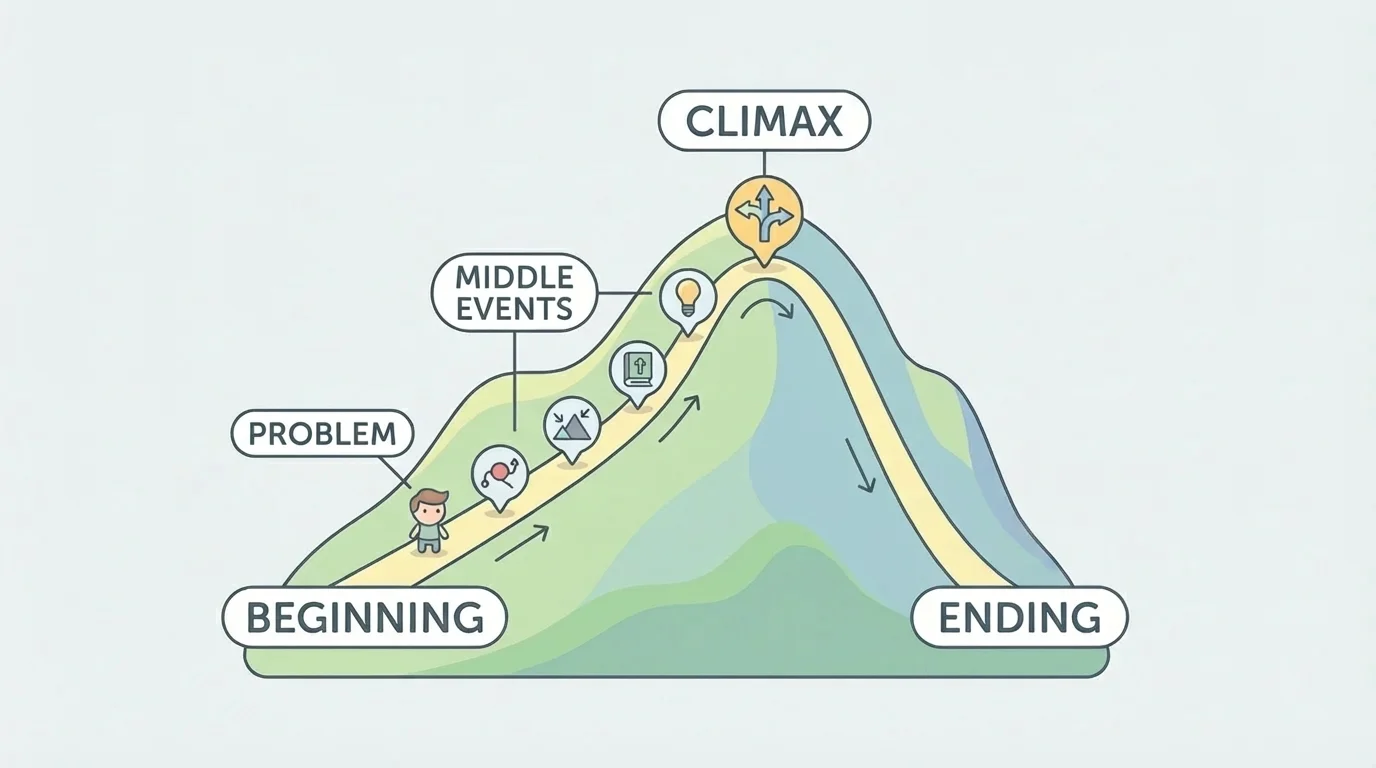 Simple story mountain labeled beginning, problem, middle events, climax, and ending for a children's story
