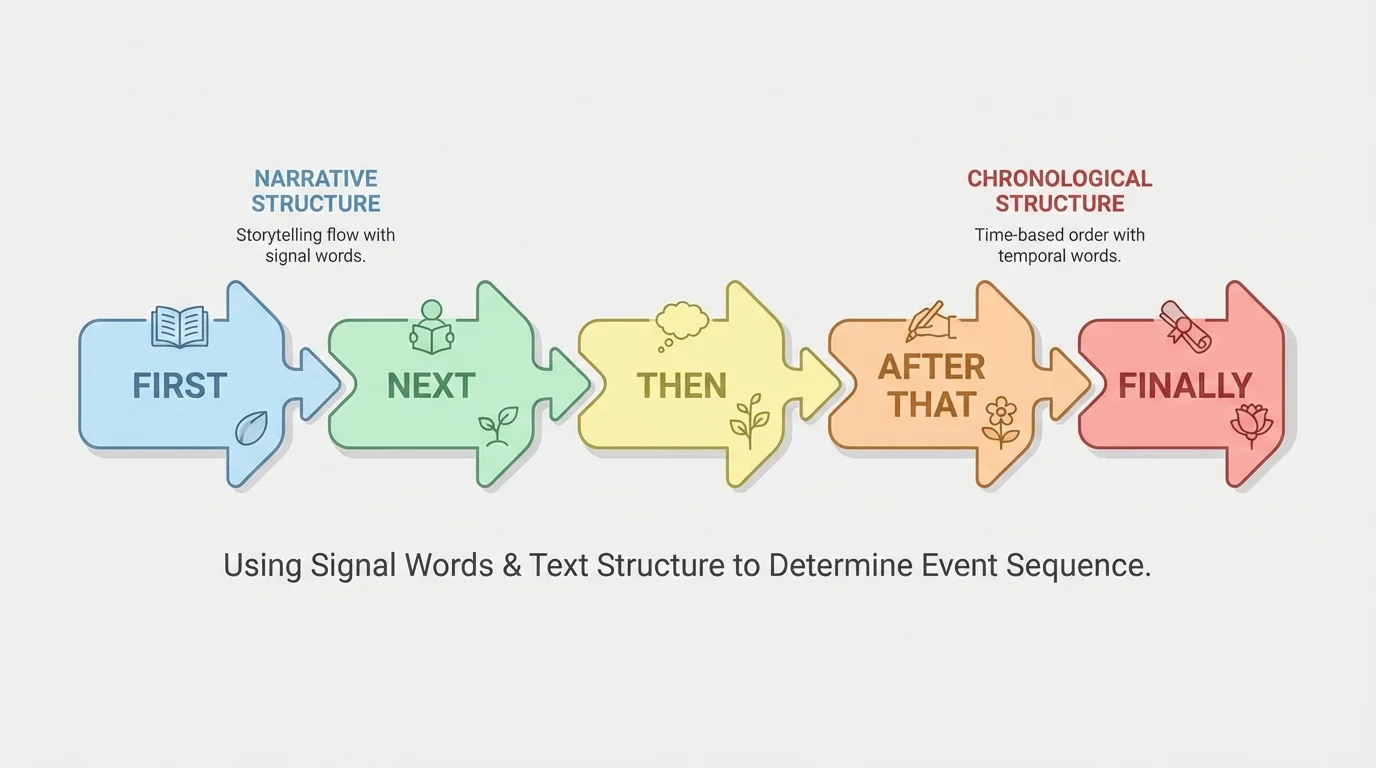 sequence path with labels first, next, then, after that, finally and arrows showing event order