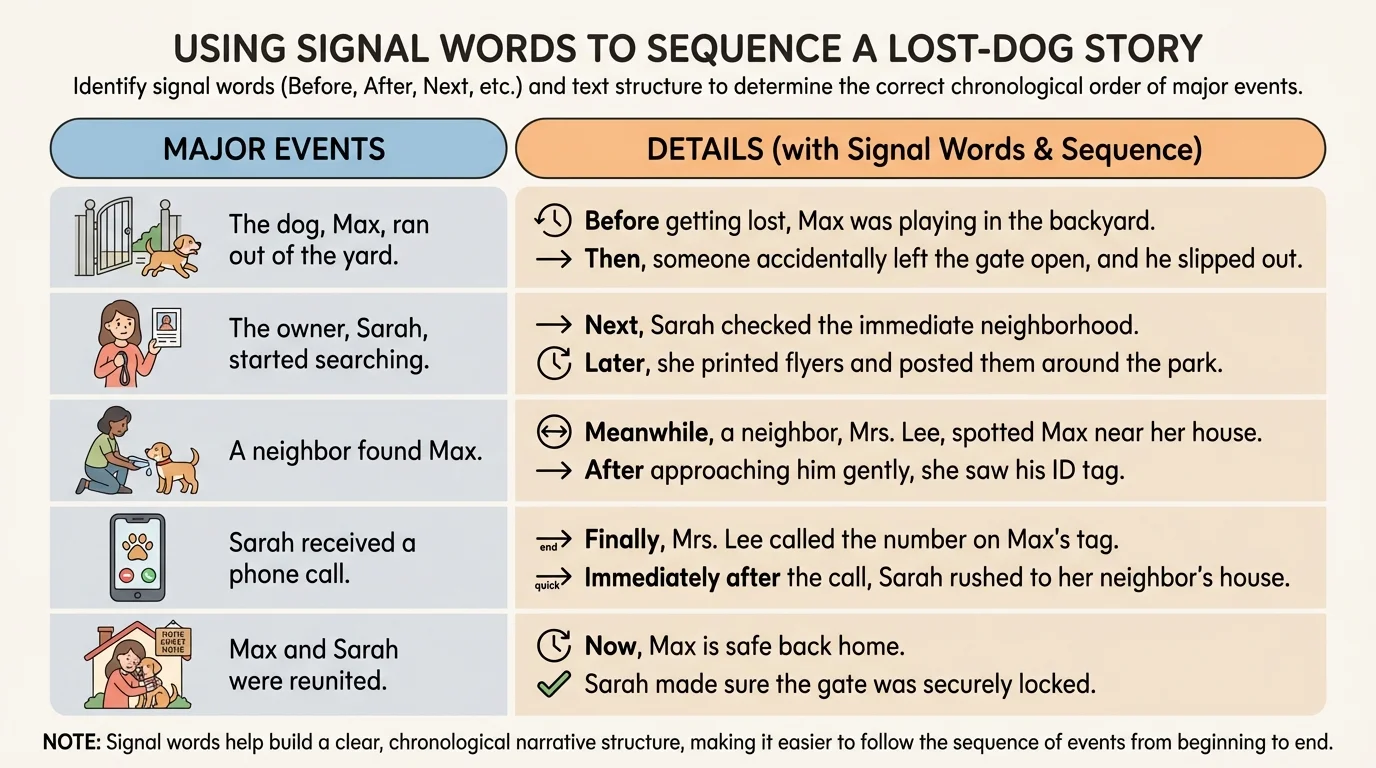 chart with two columns labeled major events and details using a lost-dog story example