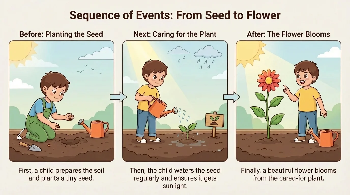 three-panel story arc showing a child planting a seed, caring for it, and seeing a flower bloom