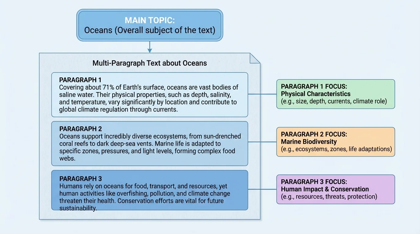 diagram showing one multi-paragraph text about oceans with one big label for main topic and three smaller paragraph boxes with different paragraph focuses