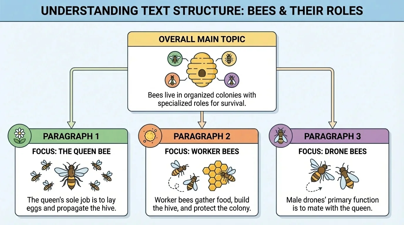 chart with title about bees, three paragraph boxes, and labels for overall main topic and each paragraph focus