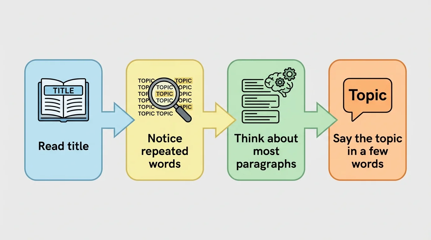 flowchart with steps read title, notice repeated words, think about most paragraphs, say the topic in a few words