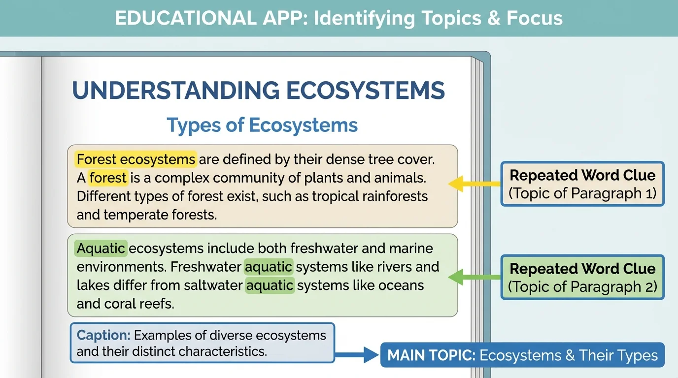 illustration of a nonfiction page with title, heading, caption, and highlighted repeated words labeled as clues