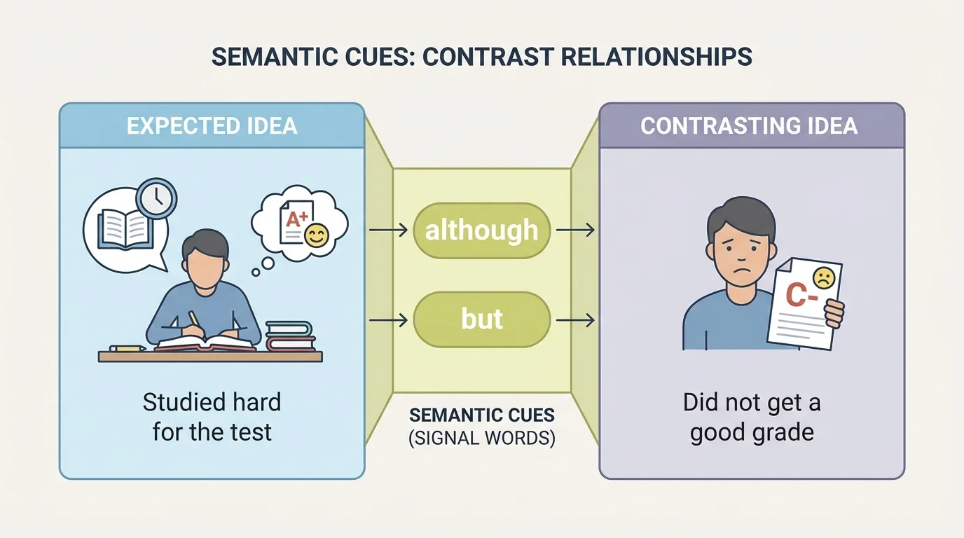 Two-part sentence diagram joined by although and but, showing one expected idea and one contrasting idea