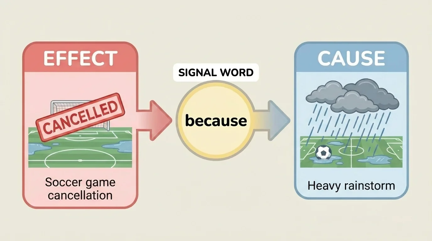 Rainstorm causing a soccer game cancellation, with simple labels for cause, signal word, and effect