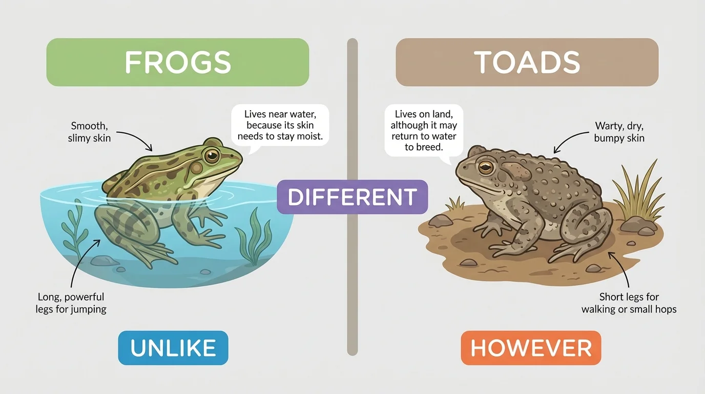 Side-by-side comparison chart of frogs and toads with short labels for both, unlike, however, and different