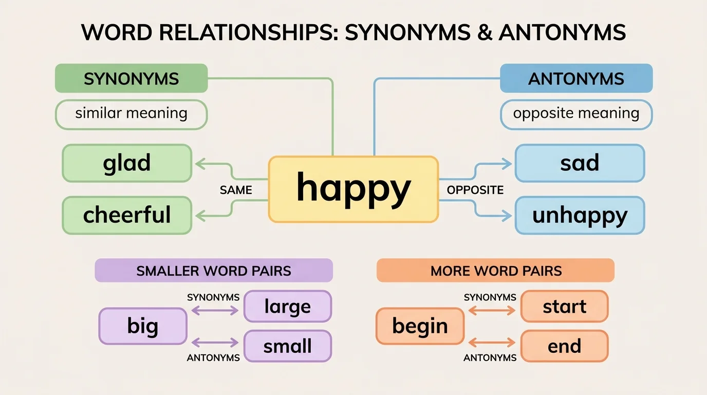 comparison chart with center word happy, synonyms glad and cheerful, antonyms sad and unhappy, plus smaller word pairs big-large-small and begin-start-end