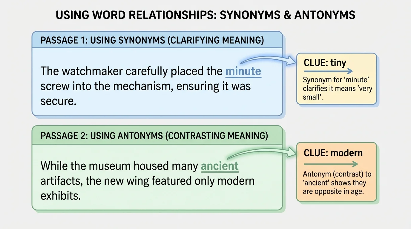 annotated reading passage with one sentence showing the word minute linked to clue tiny, and another sentence showing ancient linked by contrast to modern