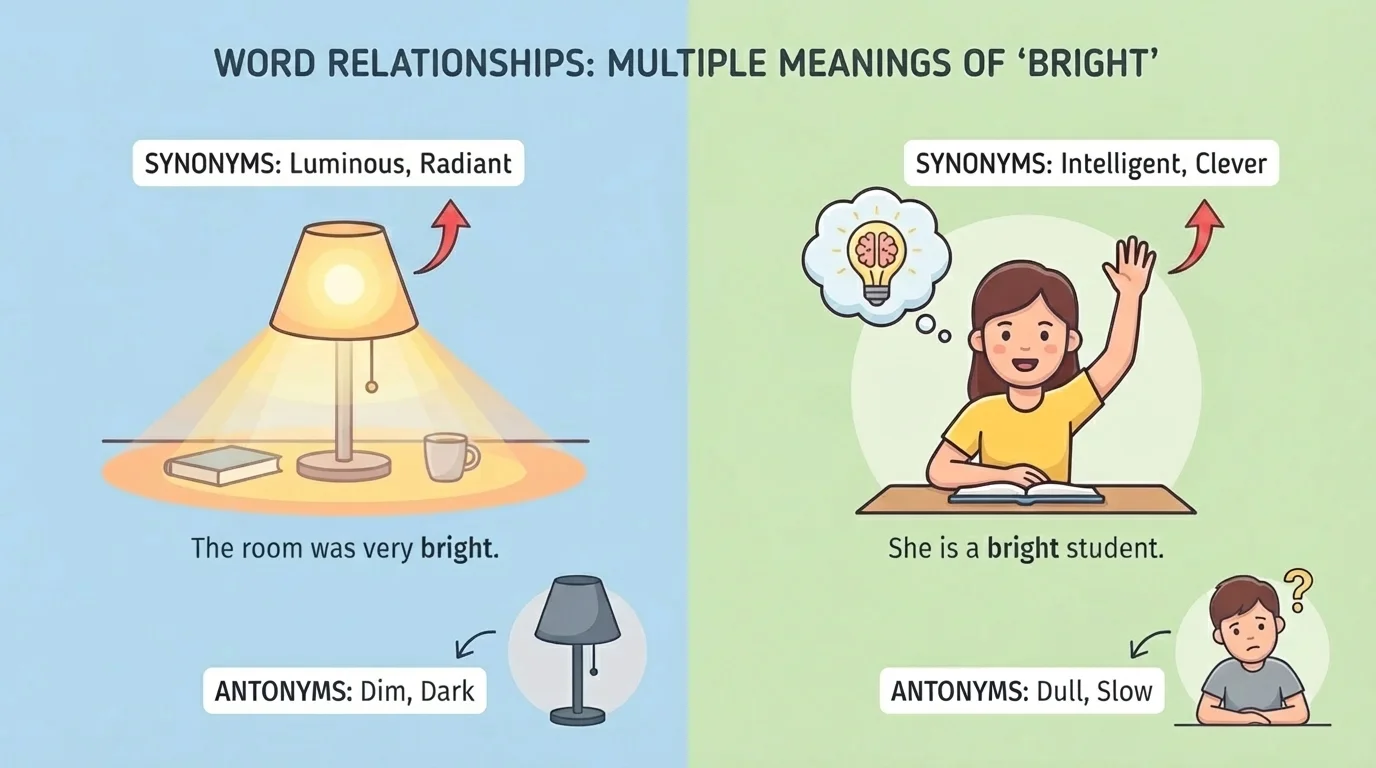 split scene showing a glowing lamp for bright meaning full of light and a student raising a hand for bright meaning smart, each paired with a short sentence