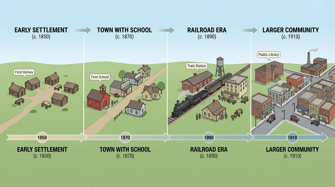 simple timeline of a town growing from settlement to school to railroad to larger community