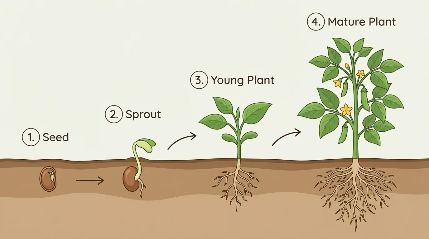 diagram of plant growth stages with seed, sprout, young plant, and mature plant labeled