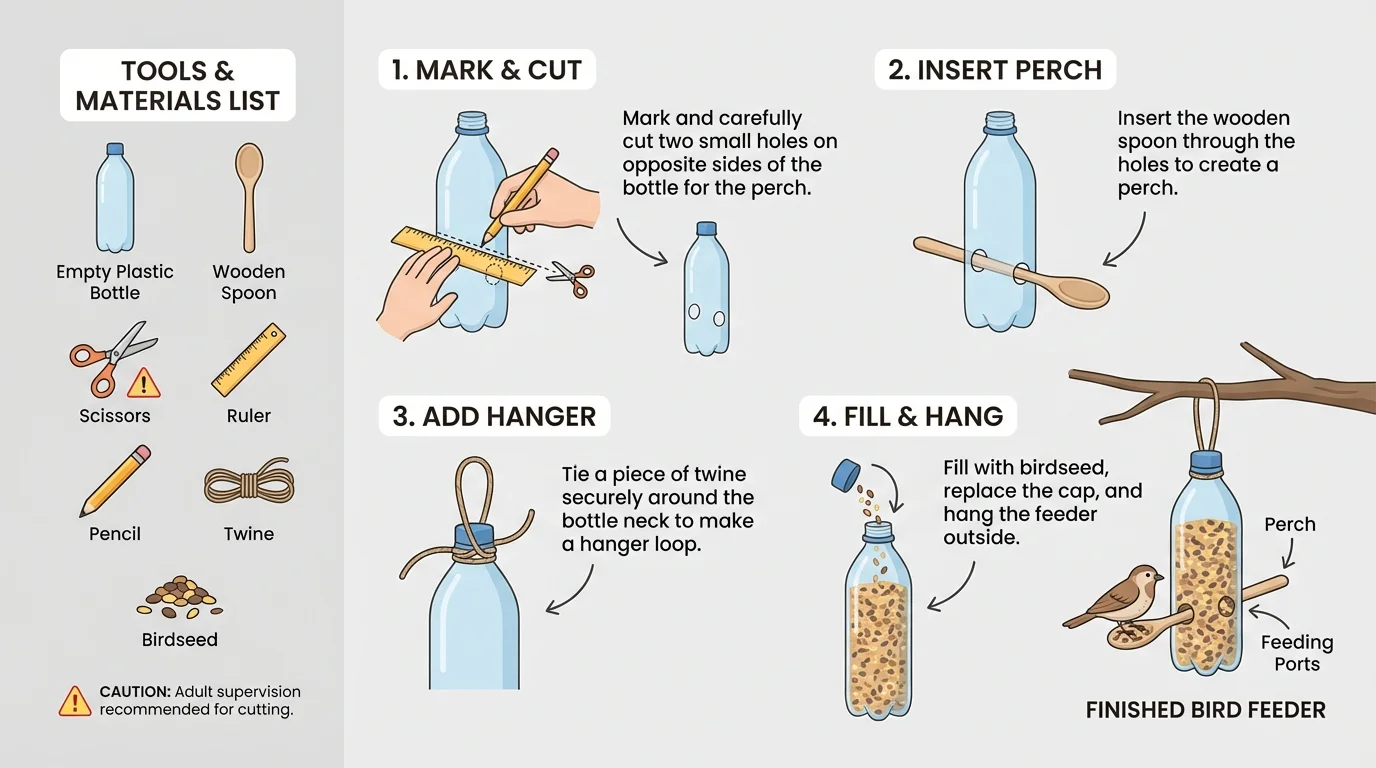 illustrated instruction sheet for assembling a simple bird feeder with tools list, numbered steps, and caution icon