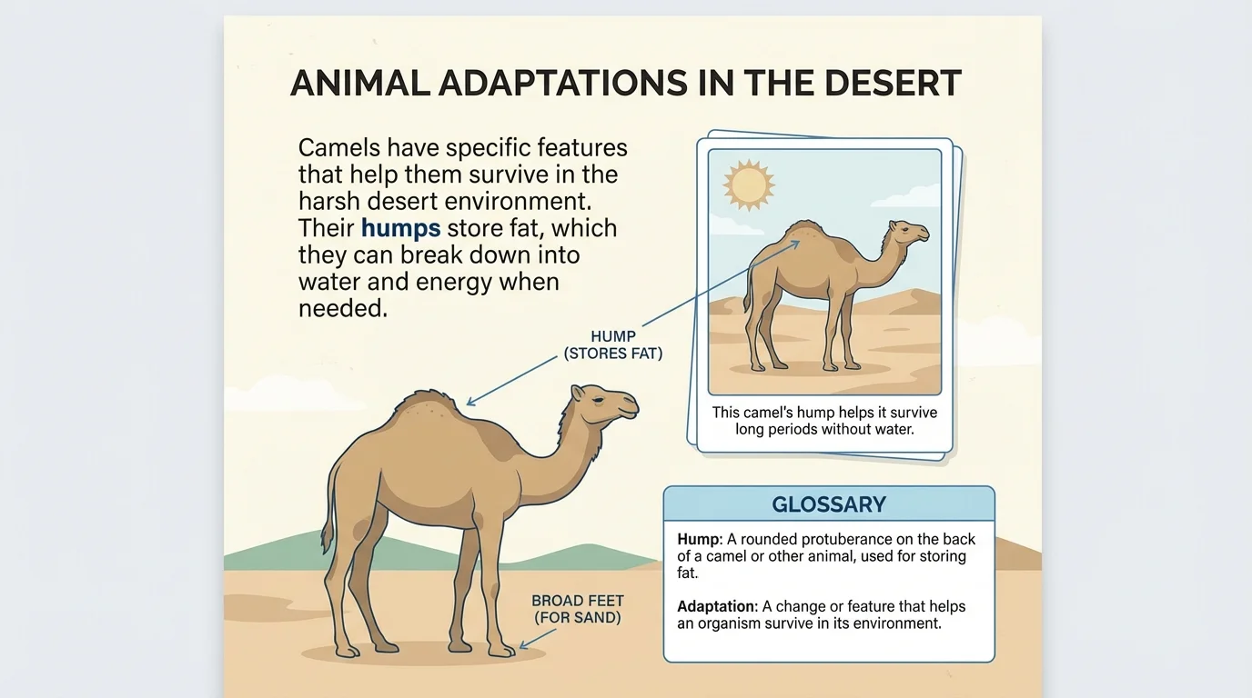 illustration of an informational textbook page with heading, bold vocabulary word, captioned picture, labels, and glossary entry