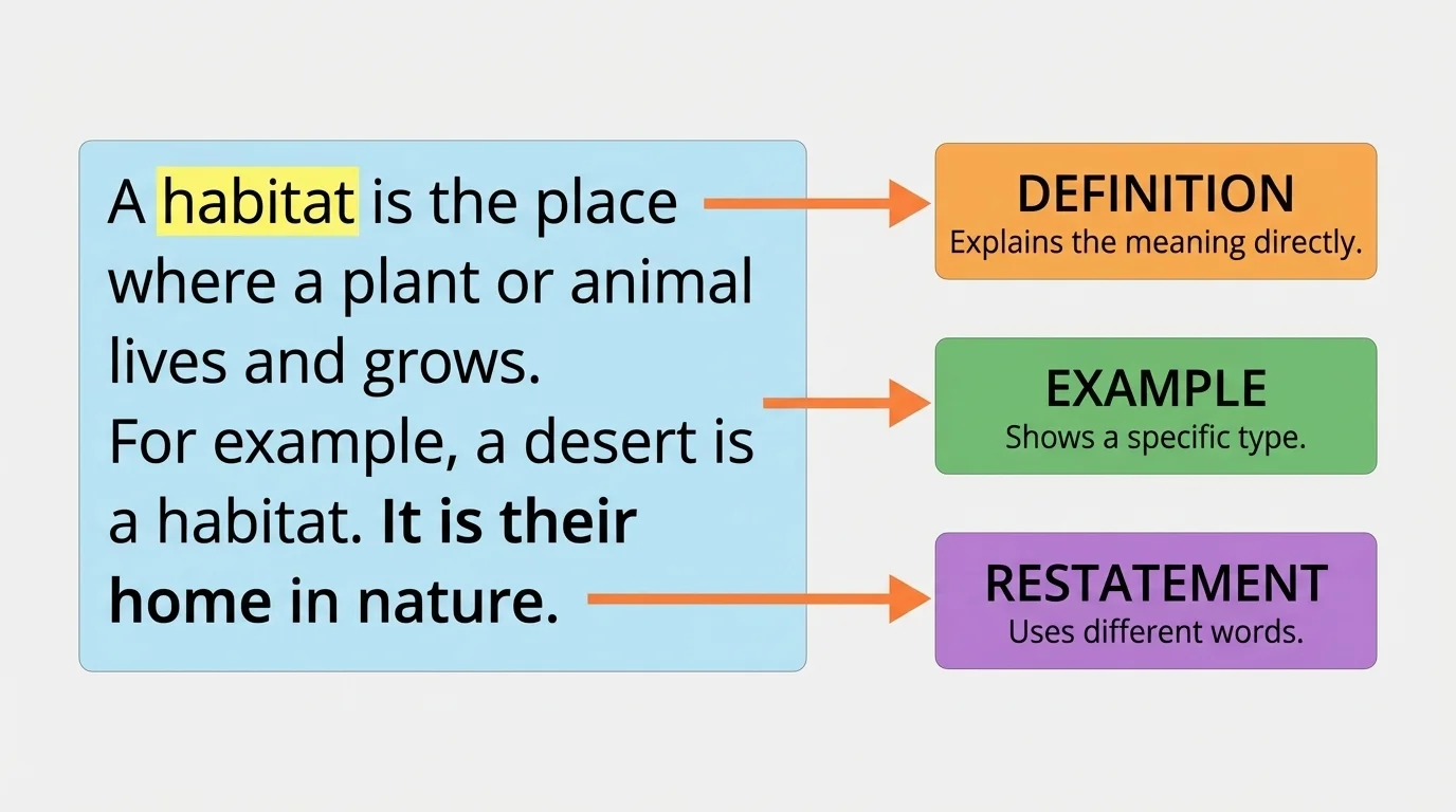 diagram of a short informational paragraph with the word habitat highlighted and clue phrases labeled definition, example, and restatement