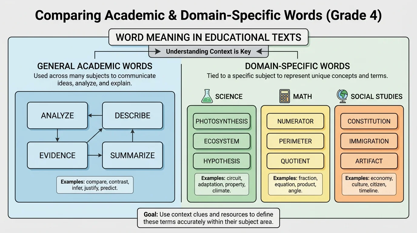 chart comparing general academic words used across subjects and domain-specific words tied to science, math, and social studies