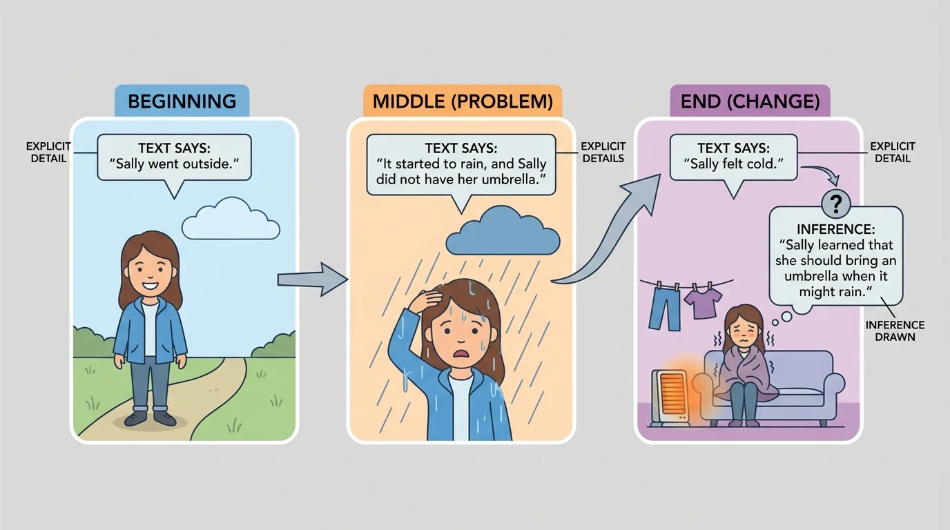 simple three-part story map showing a character at the beginning, middle problem, and end change